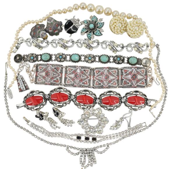 Vintage MCM Jewelry Lot - Panel Bracelets Chokers Rhinestones Enamel Silvertone - Picture 1 of 16
